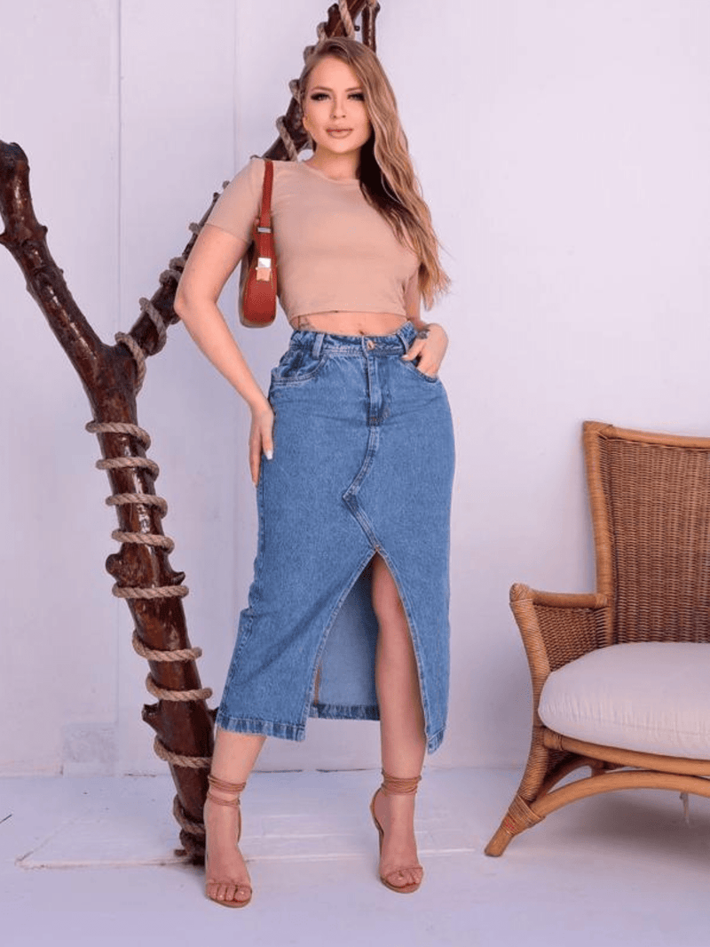 Saia Jeans Fenda Midi Fashion