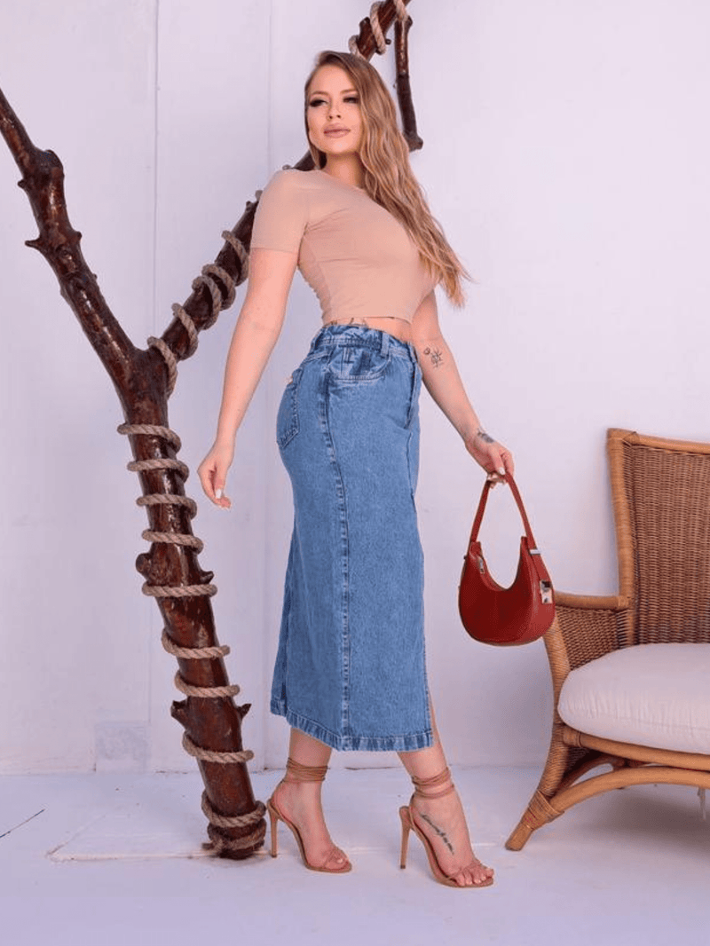 Saia Jeans Fenda Midi Fashion