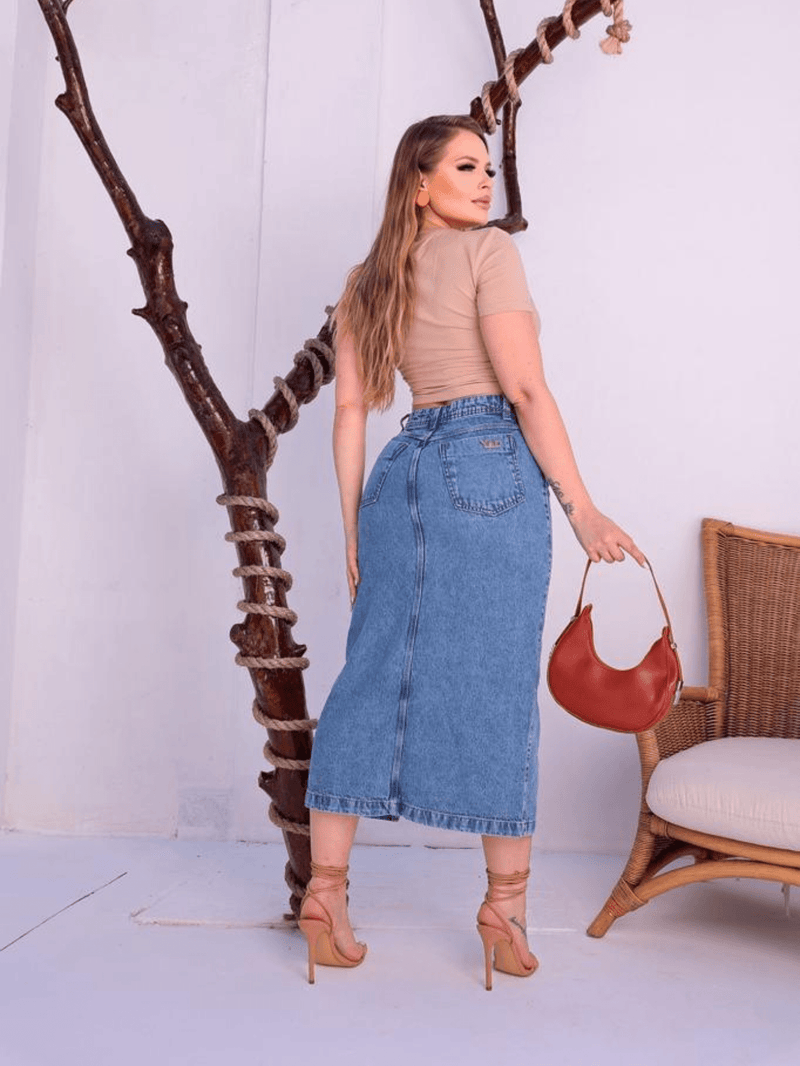 Saia Jeans Fenda Midi Fashion
