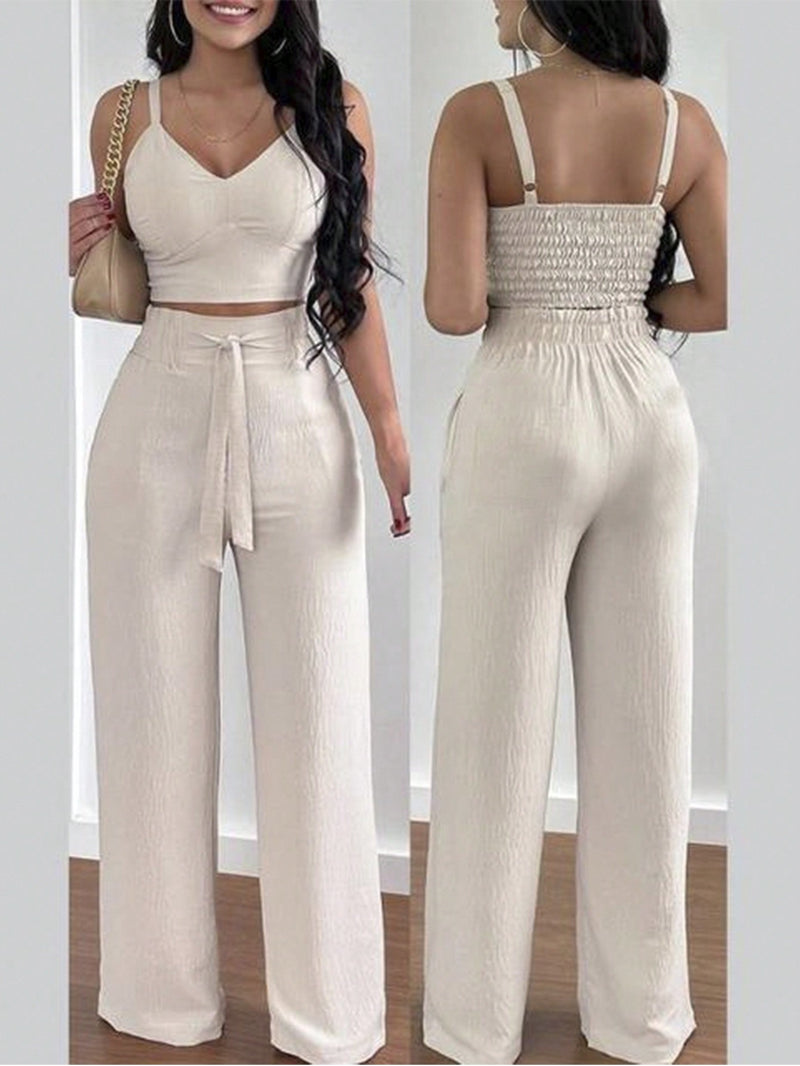 Conjunto feminino calça pantalona e cropped com bojo Alça regulagem alfaiataria