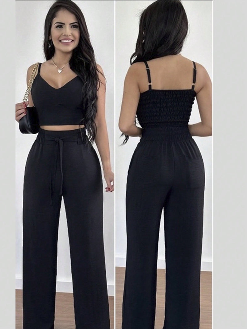 Conjunto feminino calça pantalona e cropped com bojo Alça regulagem alfaiataria