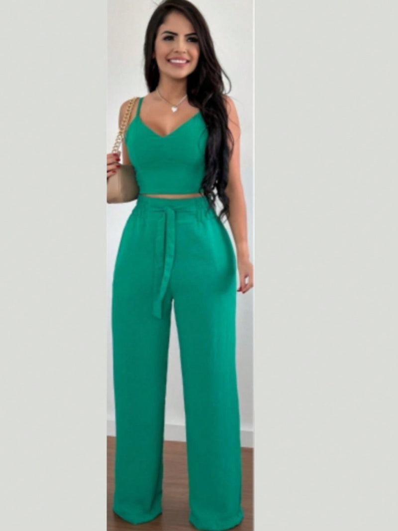 Conjunto feminino calça pantalona e cropped com bojo Alça regulagem alfaiataria