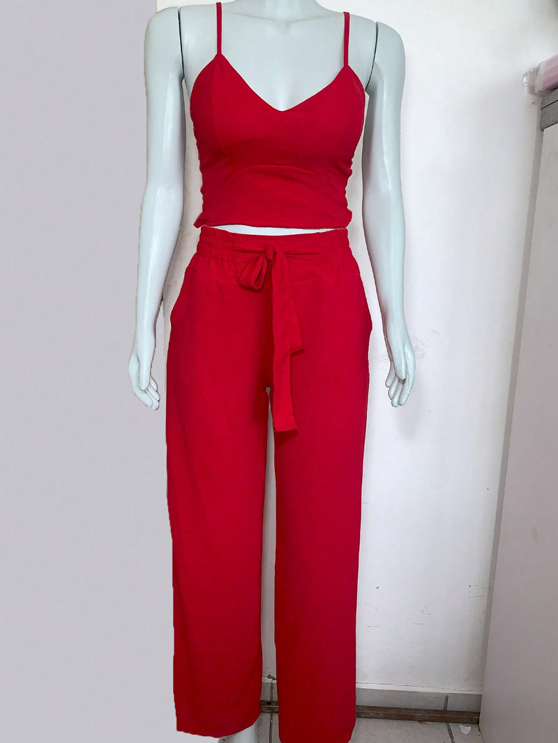 Conjunto feminino calça pantalona e cropped com bojo Alça regulagem alfaiataria