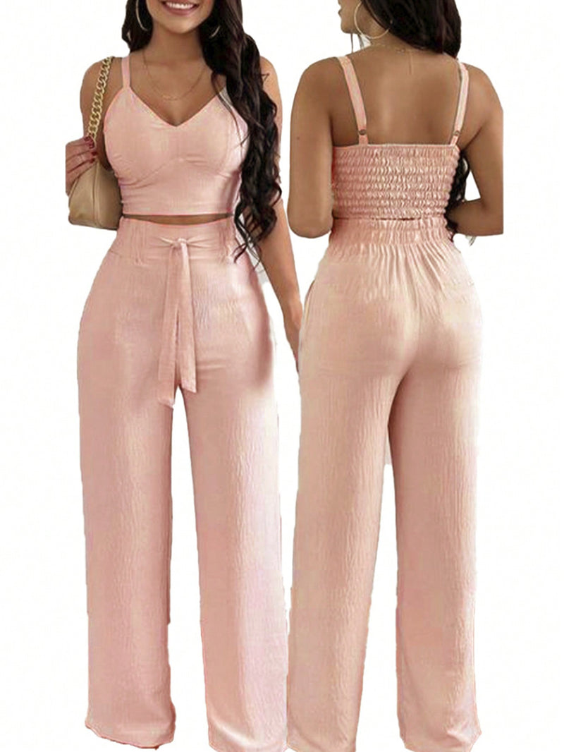 Conjunto feminino calça pantalona e cropped com bojo Alça regulagem alfaiataria