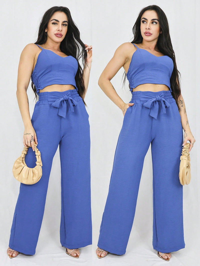 Conjunto feminino calça pantalona e cropped com bojo Alça regulagem alfaiataria