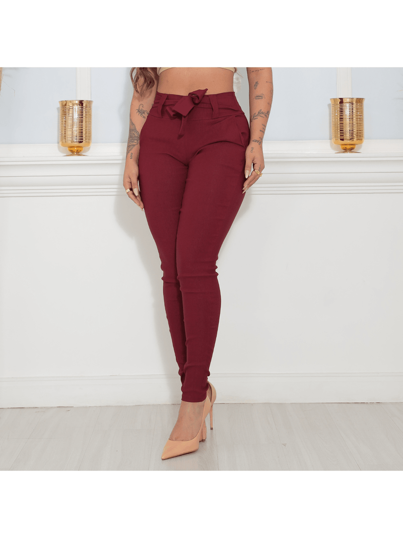 Calça Skinny Com Cinto Laço Elastano Com Bolso Social