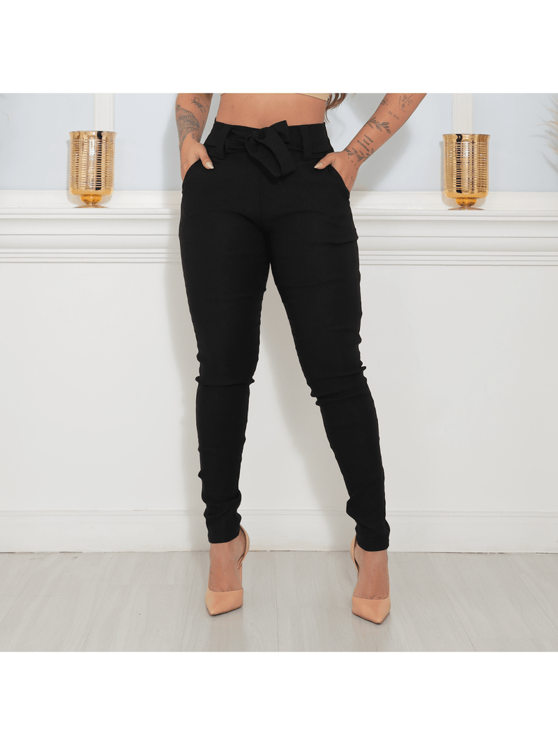 Calça Skinny Com Cinto Laço Elastano Com Bolso Social