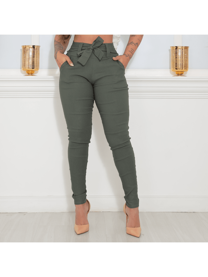 Calça Skinny Com Cinto Laço Elastano Com Bolso Social