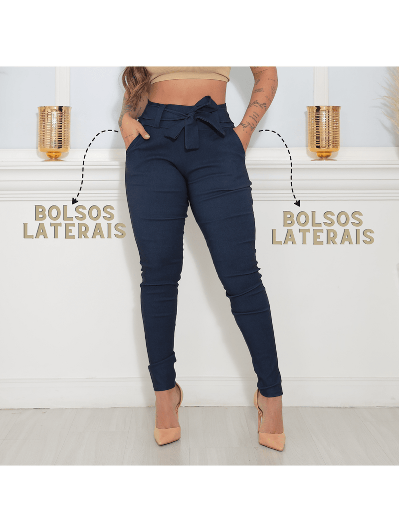 Calça Skinny Com Cinto Laço Elastano Com Bolso Social