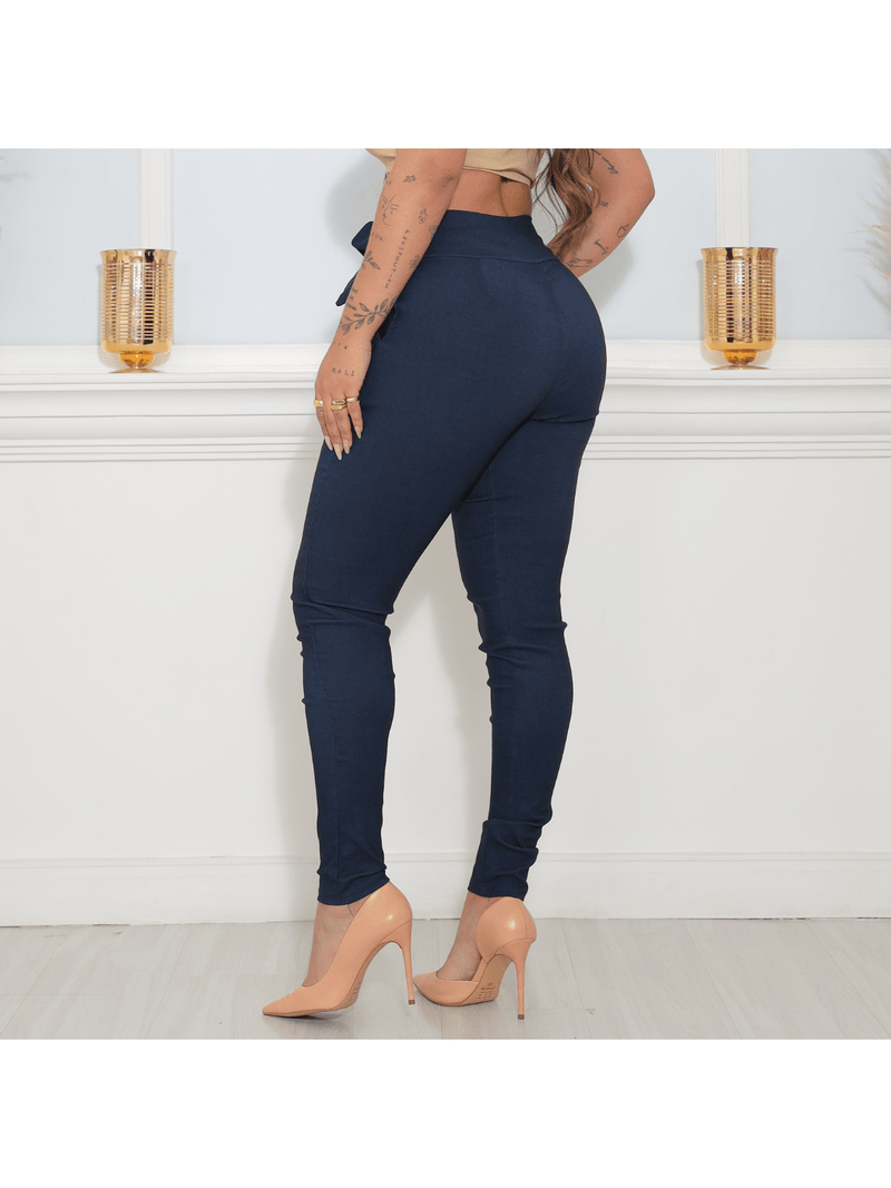 Calça Skinny Com Cinto Laço Elastano Com Bolso Social