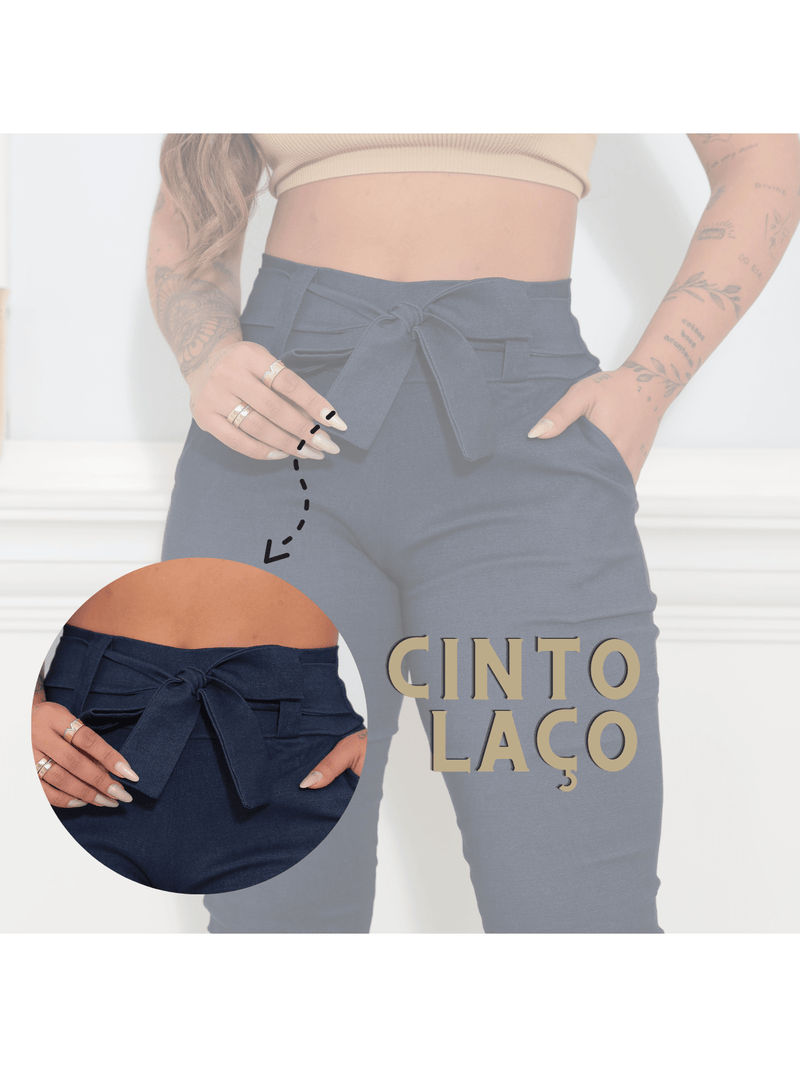 Calça Skinny Com Cinto Laço Elastano Com Bolso Social