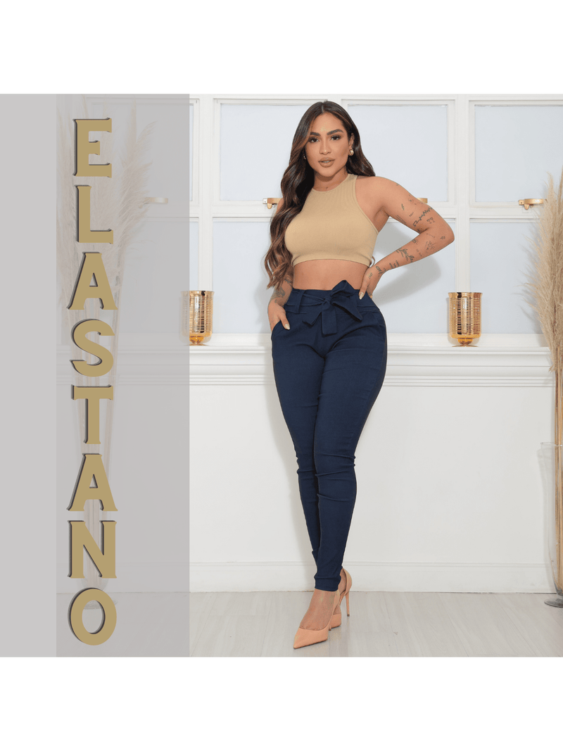 Calça Skinny Com Cinto Laço Elastano Com Bolso Social