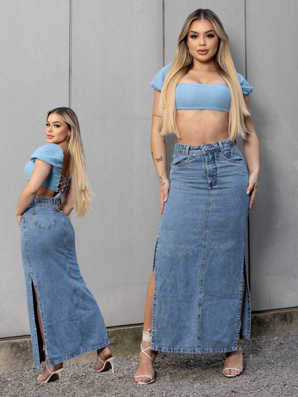 Saia Jeans Midi Fendas Elegance