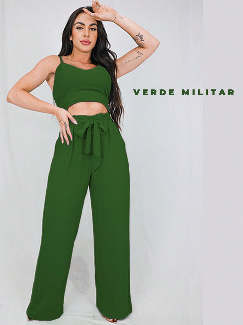 Conjunto feminino calça pantalona e cropped com bojo Alça regulagem alfaiataria