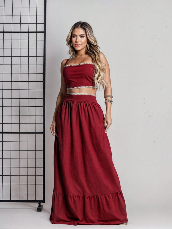 Conjunto Feminino Saia Longa E Cropped Moda Casual Elegante Luxo