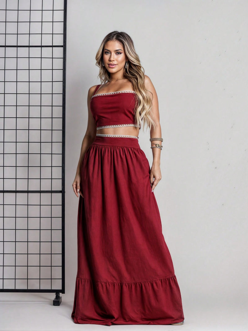 Conjunto Feminino Saia Longa E Cropped Moda Casual Elegante Luxo