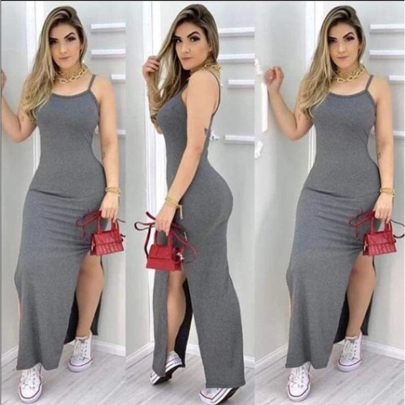 Vestido Longo Fenda Canelado Fashion