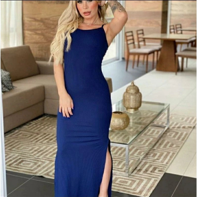 Vestido Longo Fenda Canelado Fashion