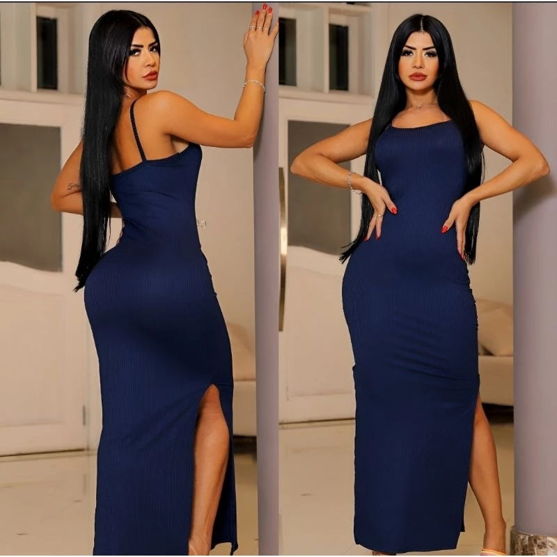 Vestido Longo Fenda Canelado Fashion