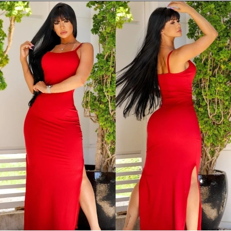 Vestido Longo Fenda Canelado Fashion
