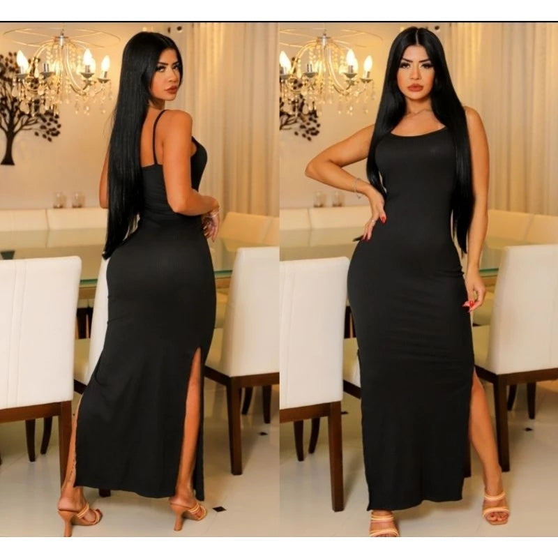 Vestido Longo Fenda Canelado Fashion