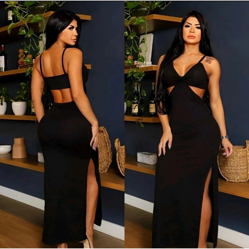 Vestido Longo Fenda Canelado Fashion