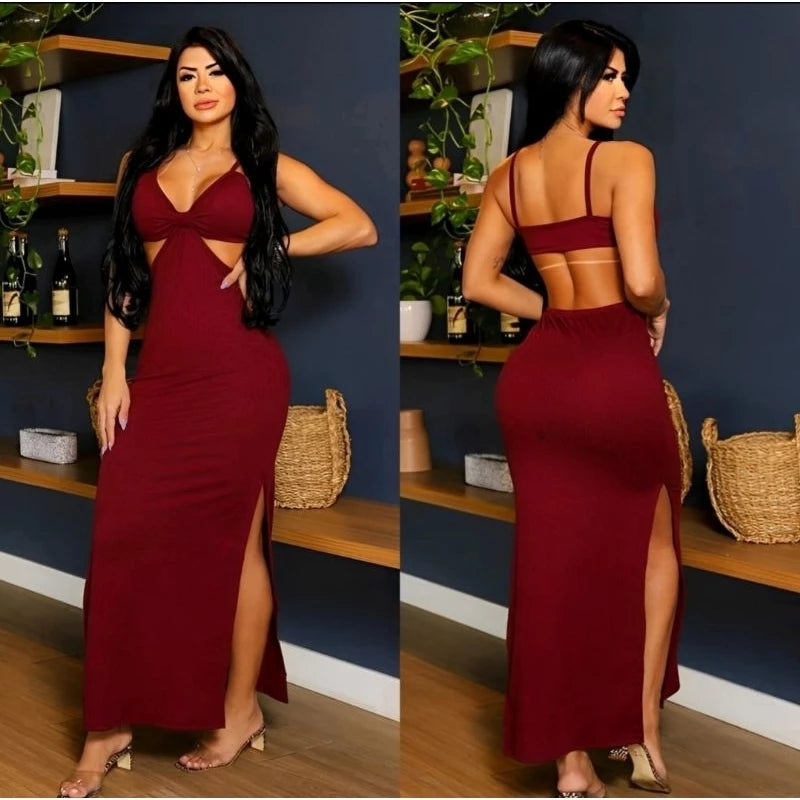 Vestido Longo Fenda Canelado Fashion